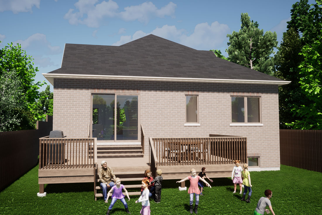 Derwent model rendering of the exterior back of the home with deck.